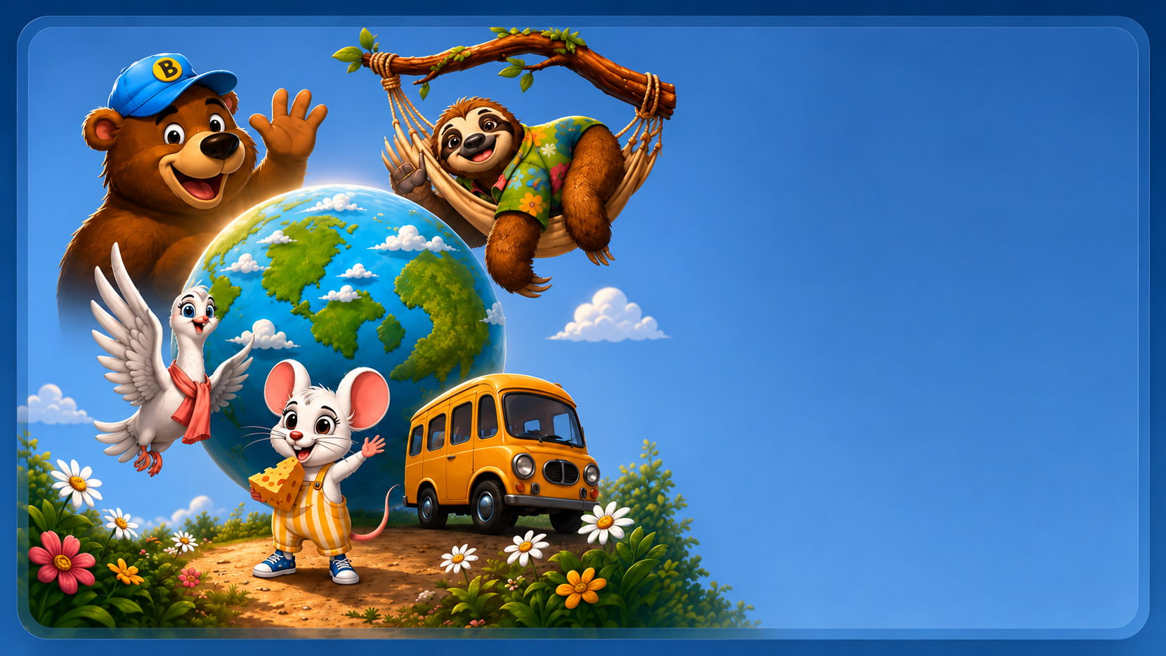 Die Globinies als Weltreise-Keyvisual mit Globus, gelbem Bus und Figuren-Silhouetten.