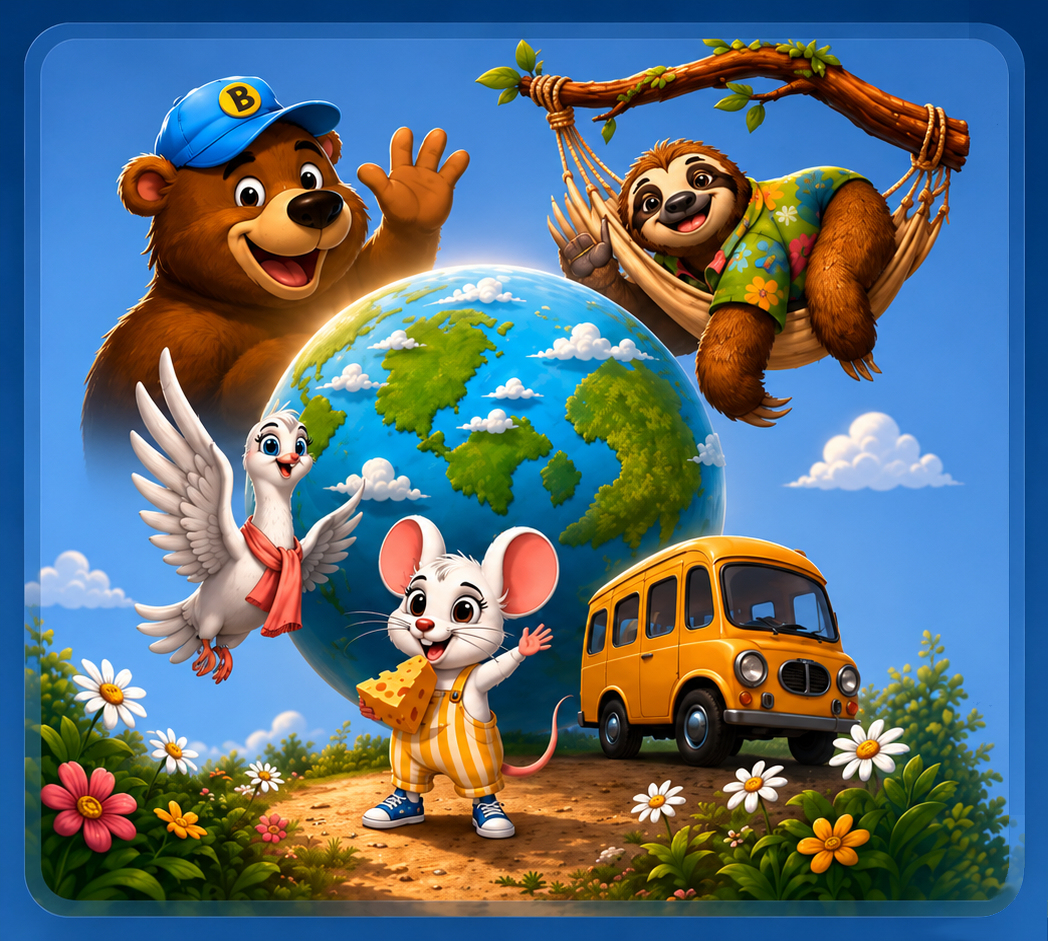 Die Globinies als Weltreise-Keyvisual mit Globus, gelbem Bus und Figuren-Silhouetten.