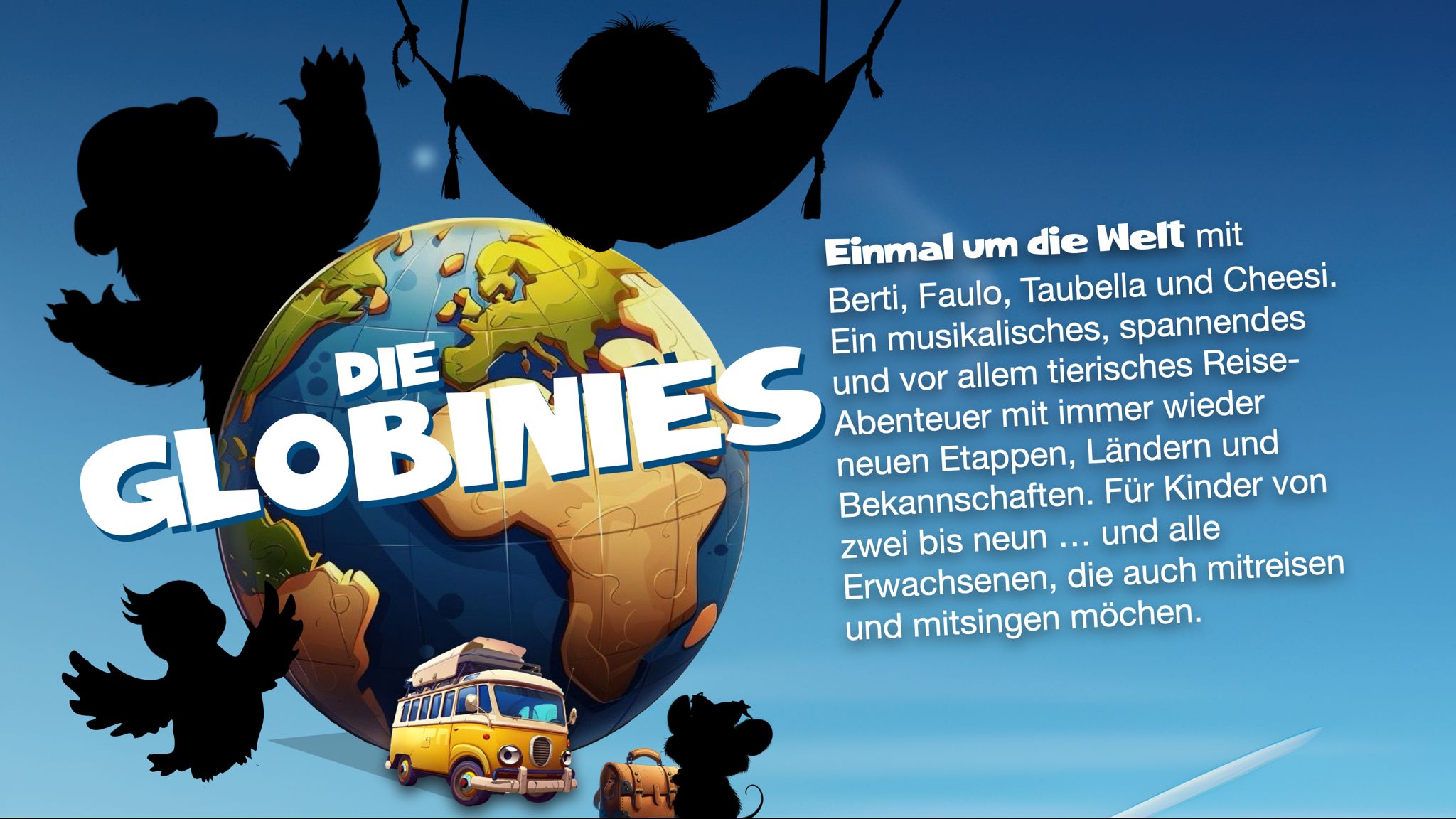 Die Globinies als Weltreise-Keyvisual mit Globus, gelbem Bus und Figuren-Silhouetten.